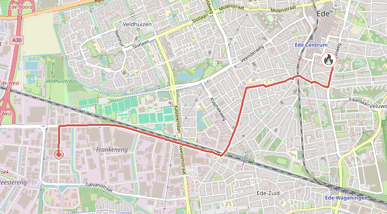 Kaart van de omgeving van de melding, met de kazerne die is gealarmeerd
