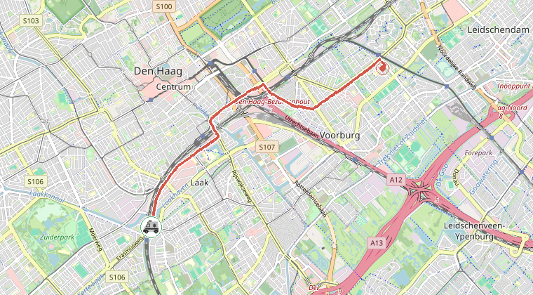 Kaart van de omgeving van de melding, met de kazerne die is gealarmeerd