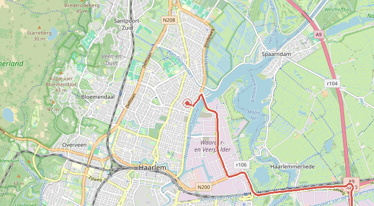 Kaart van de omgeving van de melding, met de kazerne die is gealarmeerd