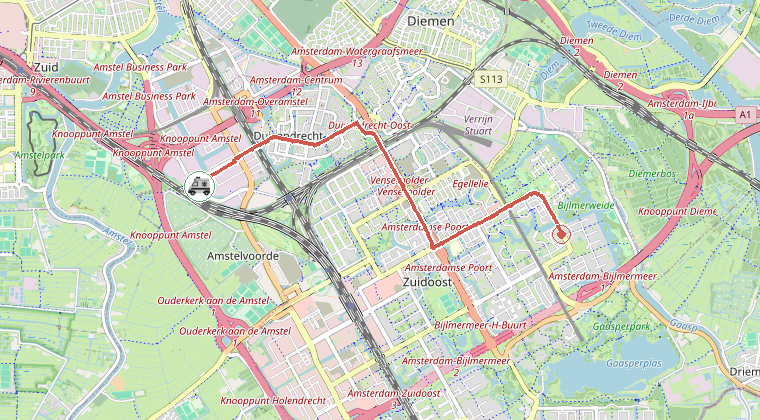 Kaart van de omgeving van de melding, met de kazerne die is gealarmeerd