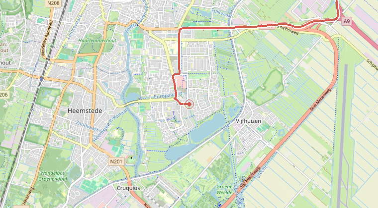 Kaart van de omgeving van de melding, met de kazerne die is gealarmeerd