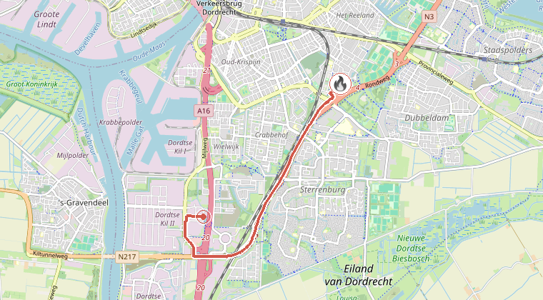 Kaart van de omgeving van de melding, met de kazerne die is gealarmeerd