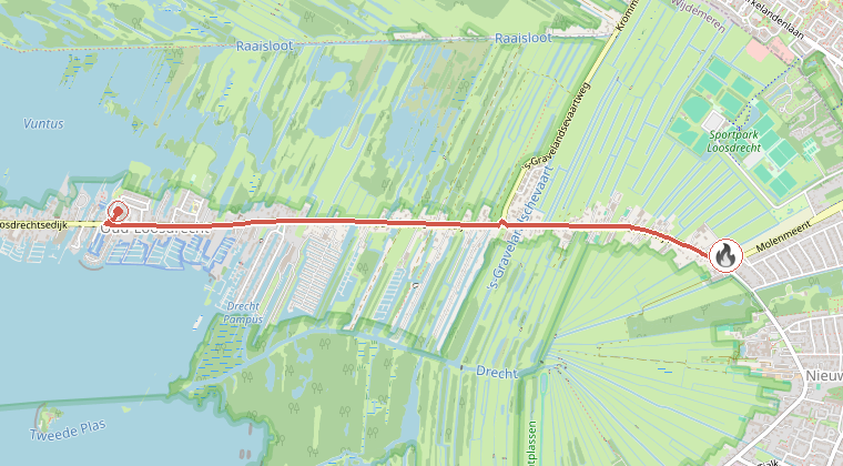 Kaart van de omgeving van de melding, met de kazerne die is gealarmeerd
