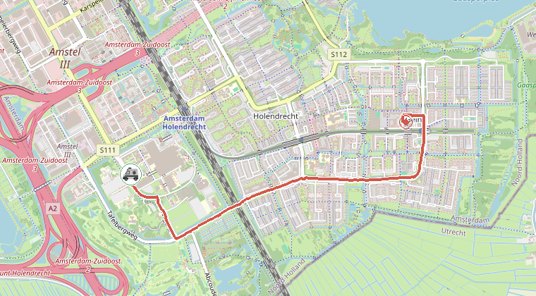 Kaart van de omgeving van de melding, met de kazerne die is gealarmeerd