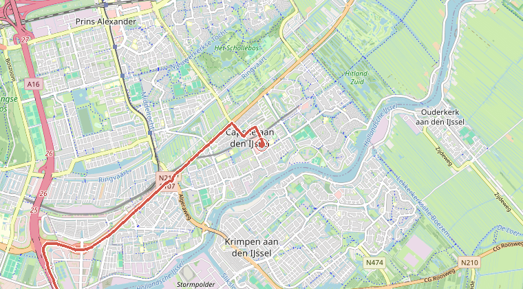 Kaart van de omgeving van de melding, met de kazerne die is gealarmeerd