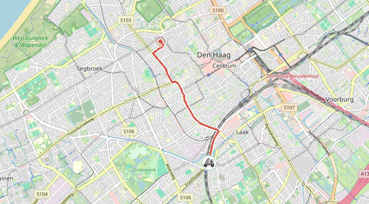 Kaart van de omgeving van de melding, met de kazerne die is gealarmeerd