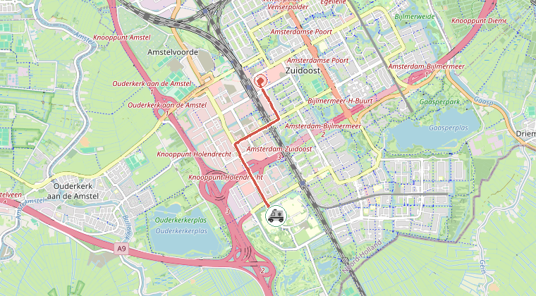 Kaart van de omgeving van de melding, met de kazerne die is gealarmeerd