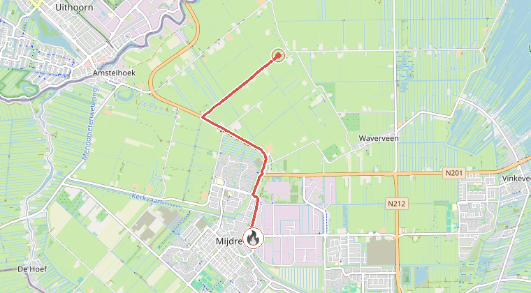 Kaart van de omgeving van de melding, met de kazerne die is gealarmeerd