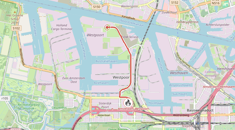 Kaart van de omgeving van de melding, met de kazerne die is gealarmeerd