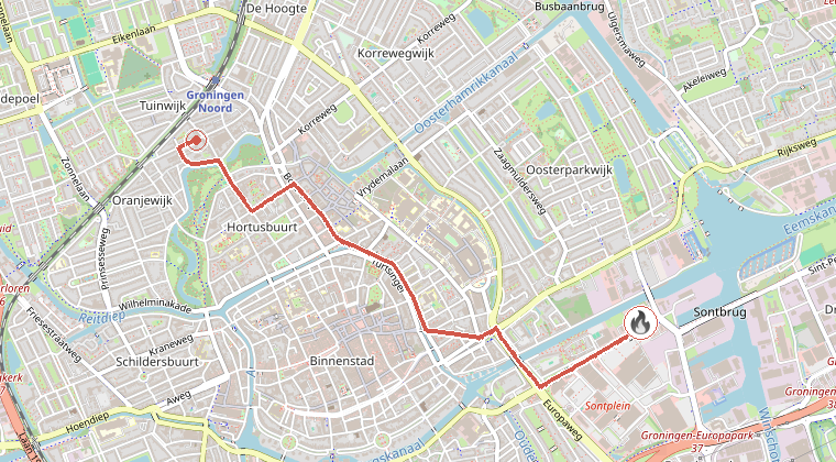 Kaart van de omgeving van de melding, met de kazerne die is gealarmeerd