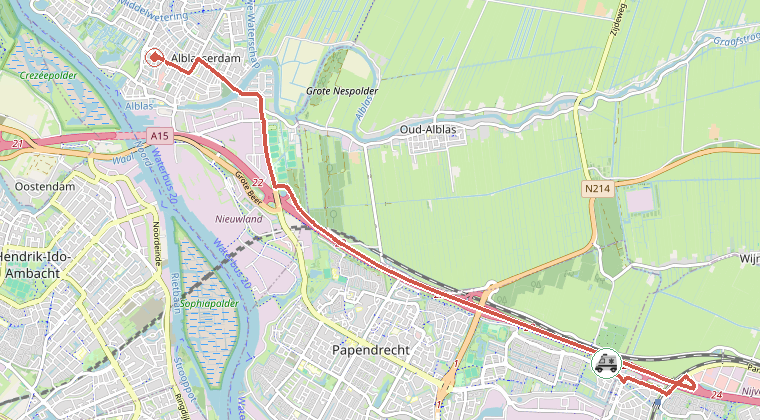 Kaart van de omgeving van de melding, met de kazerne die is gealarmeerd