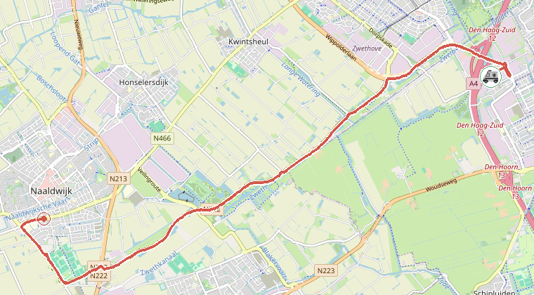 Kaart van de omgeving van de melding, met de kazerne die is gealarmeerd