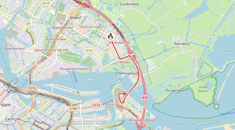 Kaart van de omgeving van de melding, met de kazerne die is gealarmeerd