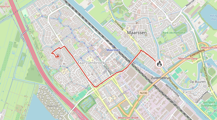 Kaart van de omgeving van de melding, met de kazerne die is gealarmeerd