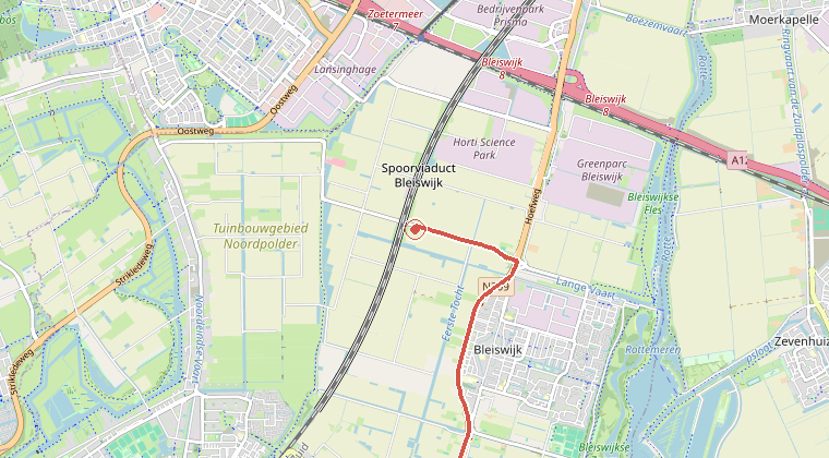 Kaart van de omgeving van de melding, met de kazerne die is gealarmeerd
