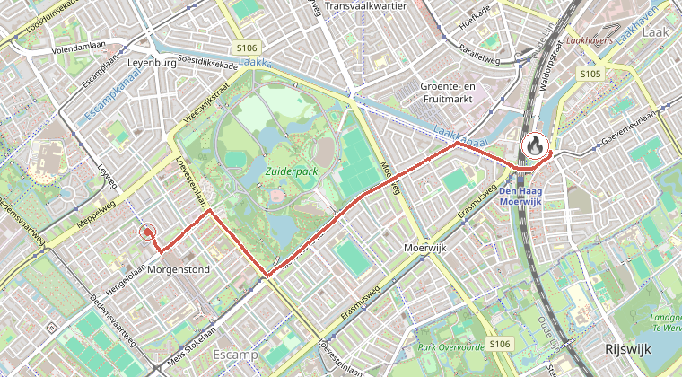 Kaart van de omgeving van de melding, met de kazerne die is gealarmeerd