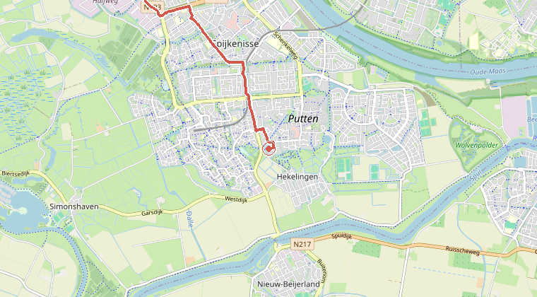 Kaart van de omgeving van de melding, met de kazerne die is gealarmeerd