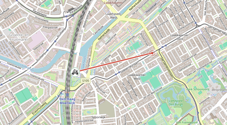 Kaart van de omgeving van de melding, met de kazerne die is gealarmeerd
