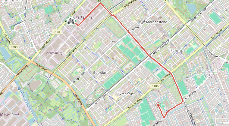 Kaart van de omgeving van de melding, met de kazerne die is gealarmeerd