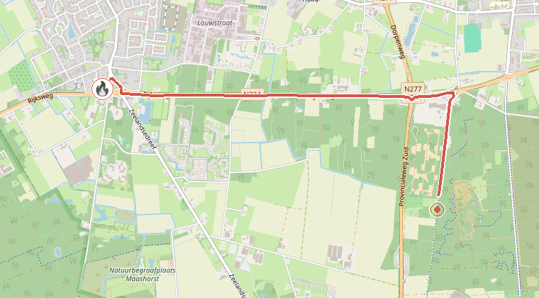 Kaart van de omgeving van de melding, met de kazerne die is gealarmeerd