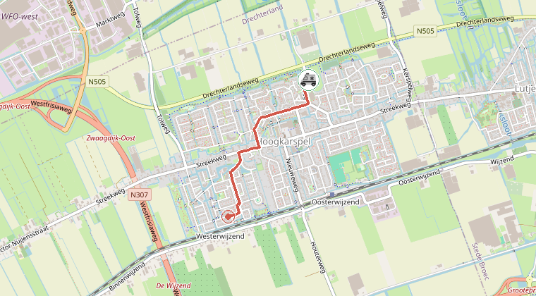 Kaart van de omgeving van de melding, met de kazerne die is gealarmeerd