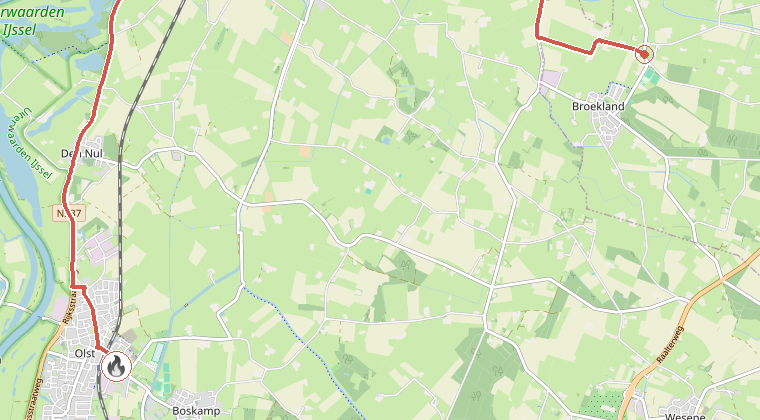 Kaart van de omgeving van de melding, met de kazerne die is gealarmeerd