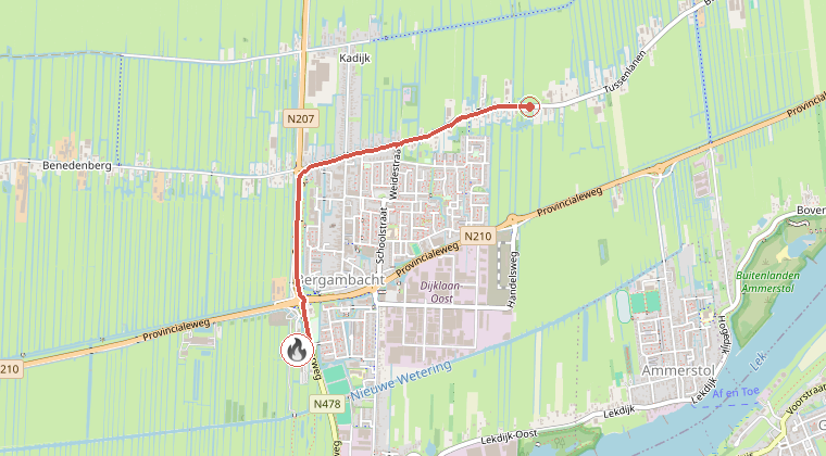 Kaart van de omgeving van de melding, met de kazerne die is gealarmeerd
