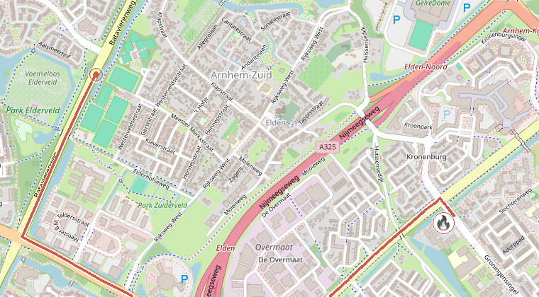 Kaart van de omgeving van de melding, met de kazerne die is gealarmeerd