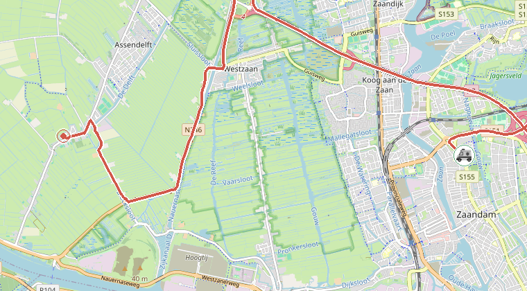 Kaart van de omgeving van de melding, met de kazerne die is gealarmeerd