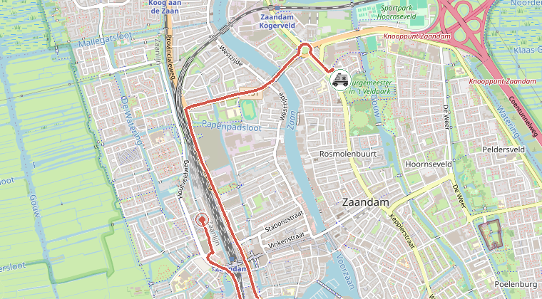 Kaart van de omgeving van de melding, met de kazerne die is gealarmeerd