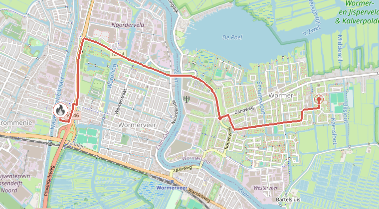 Kaart van de omgeving van de melding, met de kazerne die is gealarmeerd