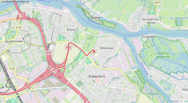 Kaart van de omgeving van de melding, met de kazerne die is gealarmeerd