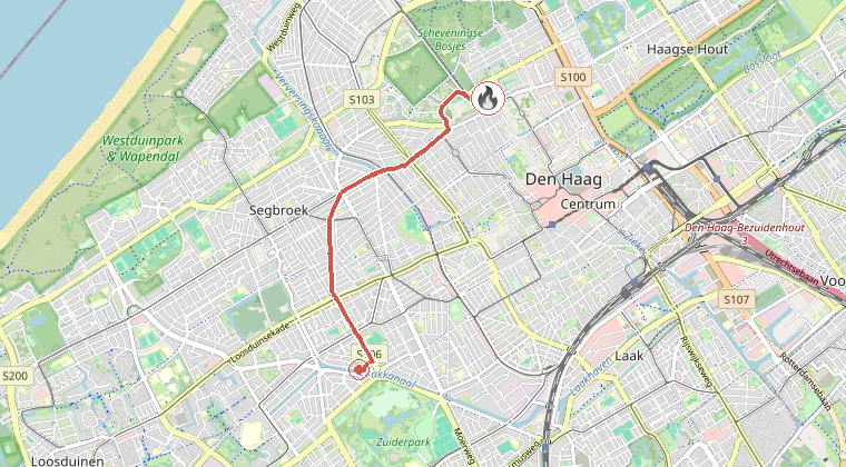 Kaart van de omgeving van de melding, met de kazerne die is gealarmeerd