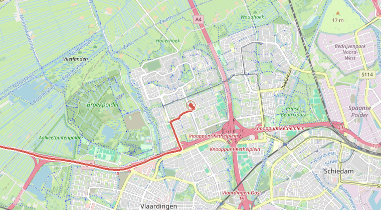 Kaart van de omgeving van de melding, met de kazerne die is gealarmeerd
