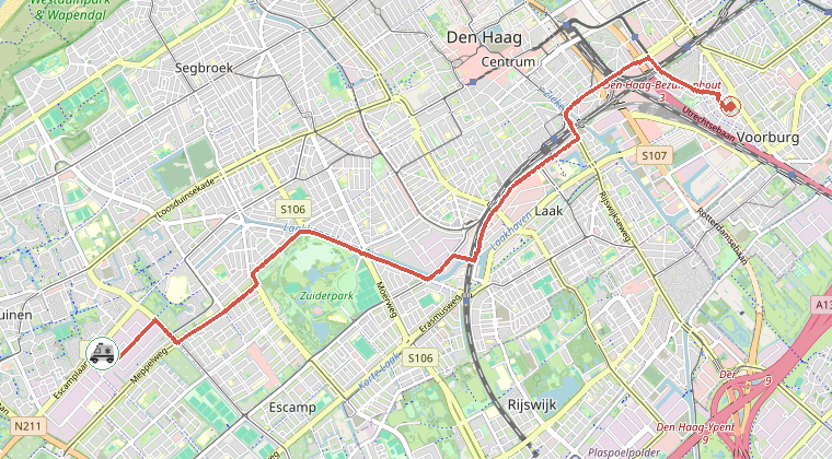 Kaart van de omgeving van de melding, met de kazerne die is gealarmeerd