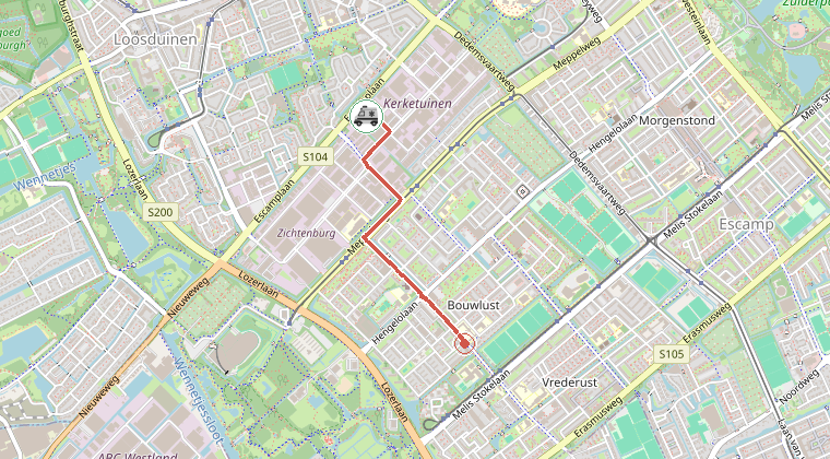 Kaart van de omgeving van de melding, met de kazerne die is gealarmeerd