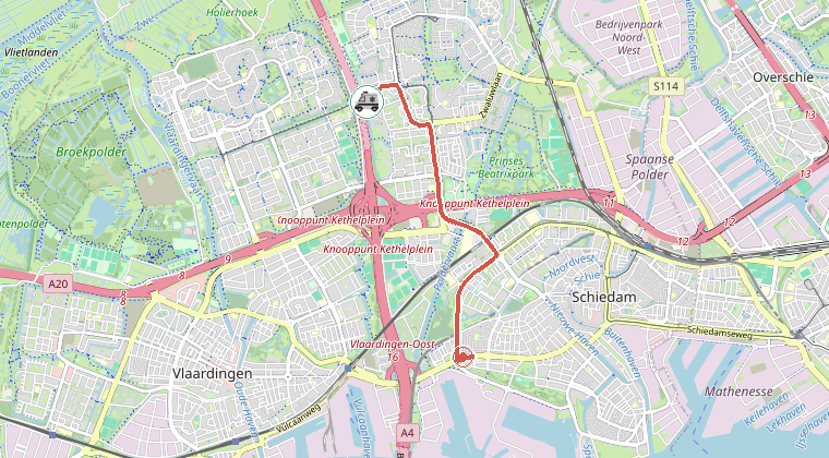 Kaart van de omgeving van de melding, met de kazerne die is gealarmeerd