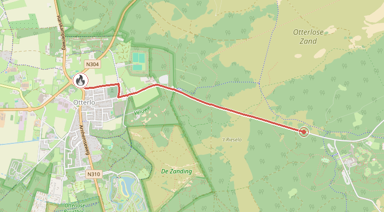 Kaart van de omgeving van de melding, met de kazerne die is gealarmeerd