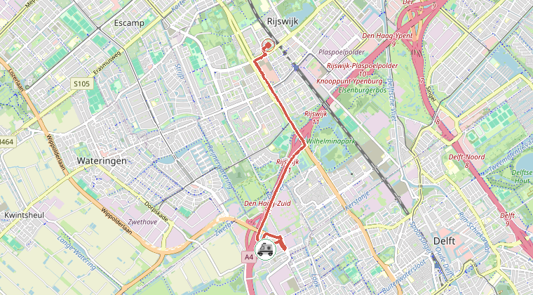 Kaart van de omgeving van de melding, met de kazerne die is gealarmeerd