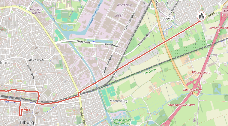 Kaart van de omgeving van de melding, met de kazerne die is gealarmeerd