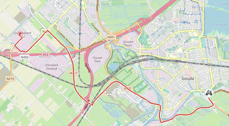 Kaart van de omgeving van de melding, met de kazerne die is gealarmeerd