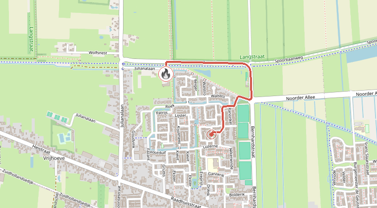 Kaart van de omgeving van de melding, met de kazerne die is gealarmeerd
