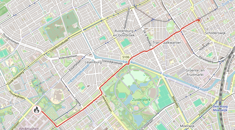 Kaart van de omgeving van de melding, met de kazerne die is gealarmeerd