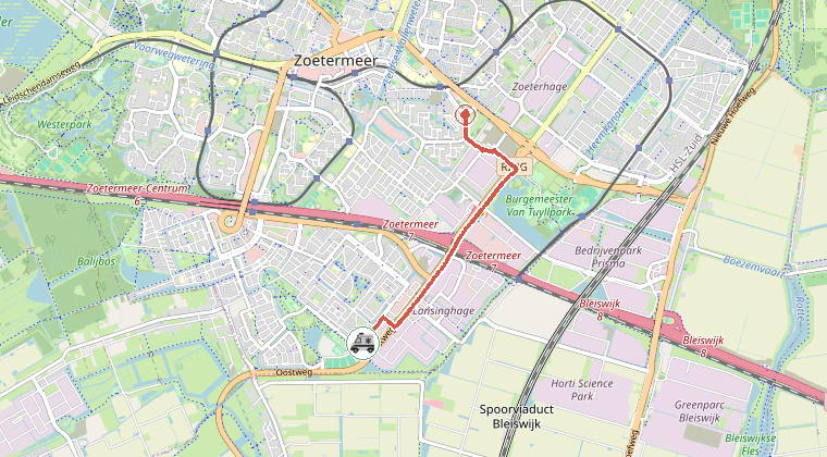 Kaart van de omgeving van de melding, met de kazerne die is gealarmeerd