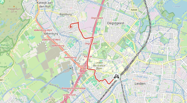 Kaart van de omgeving van de melding, met de kazerne die is gealarmeerd
