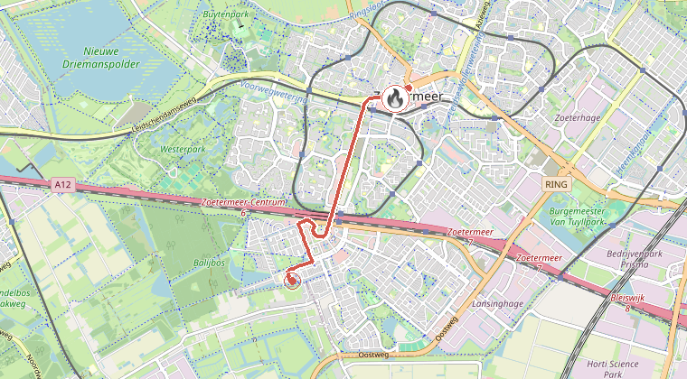 Kaart van de omgeving van de melding, met de kazerne die is gealarmeerd
