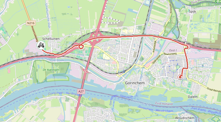 Kaart van de omgeving van de melding, met de kazerne die is gealarmeerd