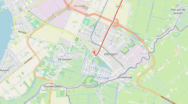 Kaart van de omgeving van de melding, met de kazerne die is gealarmeerd