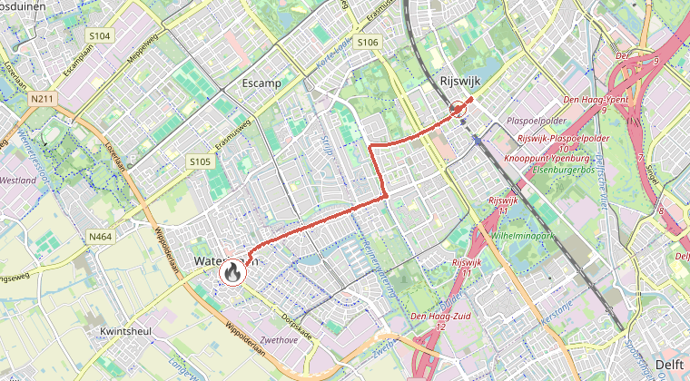 Kaart van de omgeving van de melding, met de kazerne die is gealarmeerd