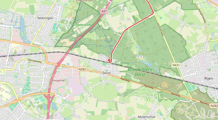Kaart van de omgeving van de melding, met de kazerne die is gealarmeerd